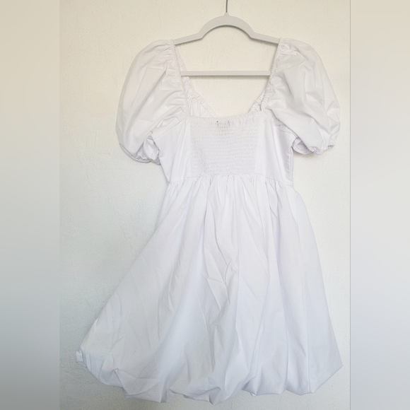 18 Centimeters Balloon/Puff Mini Dress Elastized Back Cotton Blend White Small - Picture 7 of 13